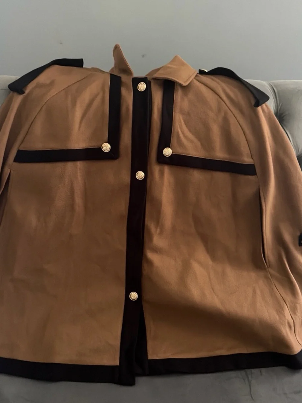 Men's Tan Pea Coat with Black Contrast Trim